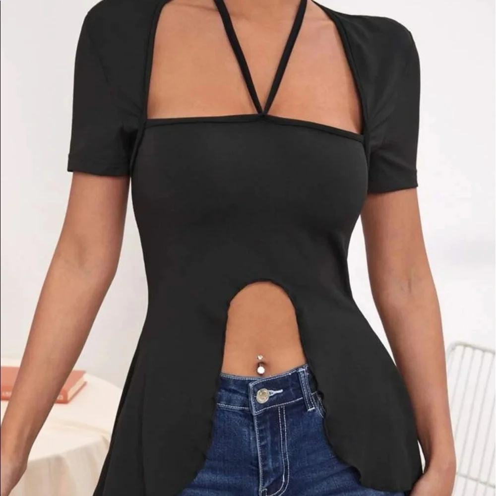 New Sexy Black Plain Asymmetrical Hem Tie Back Halter Short Sleeve Top - Picture 7 of 13